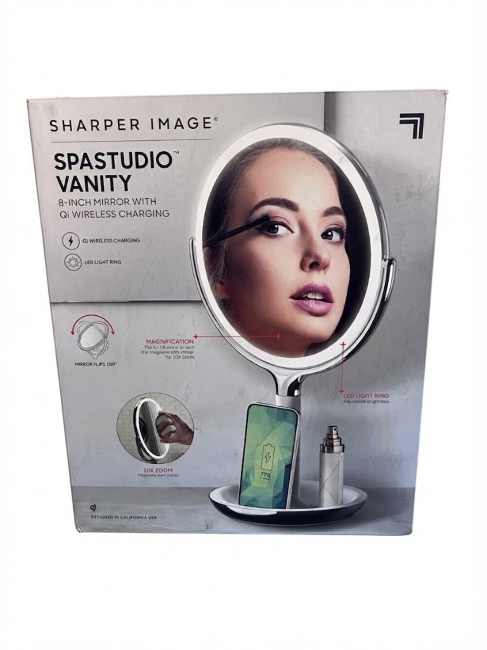Sharper Image SpaStudio Vanity 8 Inch LED Lighted Mirror Qi Wireless Charging